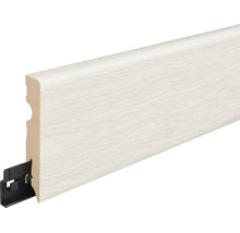 Sockelleiste mit Holzoptik Oberfläche und integriertem Befestigungsclip aus Kunststoff für die Wandmontage