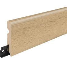 Sockelleiste mit Holzoptik und integriertem Befestigungsclip aus Kunststoff
