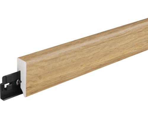 Sockelleiste mit Holzoptik und zugehörigem Befestigungsclip