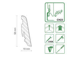 Technische Zeichnung einer Sockelleiste mit 58 Millimeter Hoehe und 19 Millimeter Tiefe inklusive Montagehinweisen fuer Clip System CH23 und CH28.
