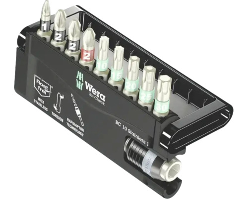 Wera Bit-Check 10 Stainless 1 Set mit Bithalter und verschiedenen Bits in einer Kunststoffbox.