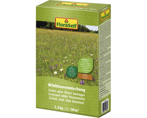FloraSelf Wildblumenmischung 1,2 Kilogramm für 50 Quadratmeter Packung mit Informationen zum Aussäen und zur Pflege der Blumenwiese