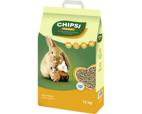 Chipsi Family Mais-Pellets als saugstarke Einstreu für Kleintiere im 12 Kilogramm Beutel