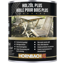 Dose Hornbach Holzöl Plus für Holzmöbel im Außenbereich mit Hornbach Logo.