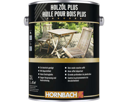 Dose Hornbach Holzöl Plus für den Außenbereich, 2,5 Liter Inhalt, Schutz für Gartenmöbel aus Holz mit wasserabweisendem Abperleffekt.