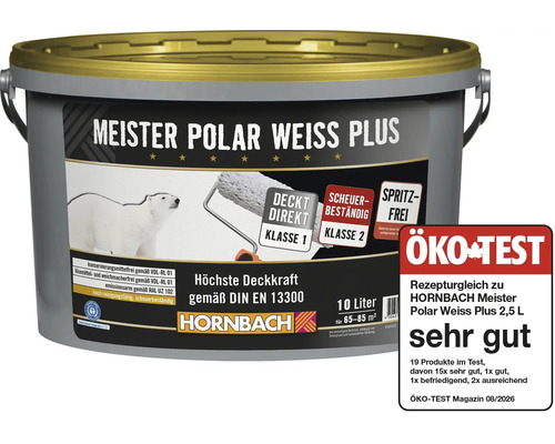 Eimer Meister Polar Weiss Plus Wandfarbe mit 10 Liter Inhalt und Oeko Test Siegel sehr gut.