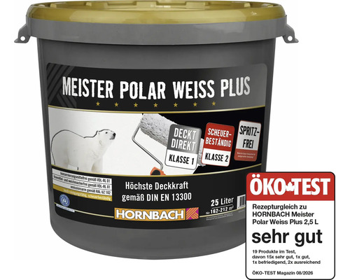 Eimer Meister Polar Weiss Plus Wandfarbe 25 Liter von Hornbach mit ausgezeichneter Deckkraft und Scheuerbeständigkeit