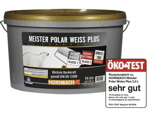 Eimer Meister Polar Weiss Plus Innenwandfarbe 15 Liter mit Hornbach Logo und Oeko Test Siegel