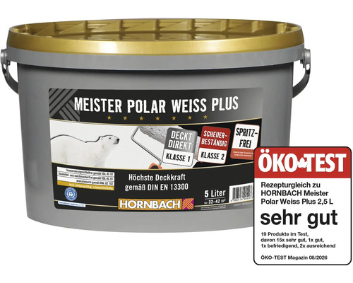 Eimer Meister Polar Weiss Plus Wandfarbe mit 5 Liter Inhalt und Hornbach Logo sowie Öko Test Auszeichnung sehr gut.