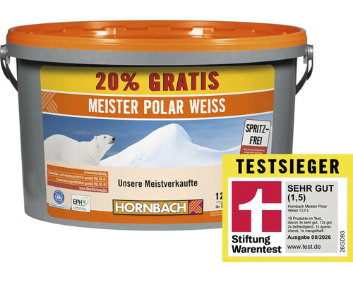 Eimer Meister Polar Weiss Innenfarbe 12 Liter mit Hornbach Logo und Stiftung Warentest Testsieger Auszeichnung.