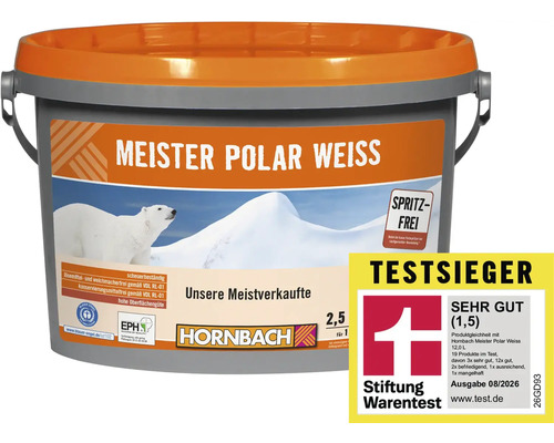 Hornbach Meister Polar Weiss Wandfarbe im Eimer mit Umweltzeichen Blauer Engel und Testergebnis der Stiftung Warentest sehr gut