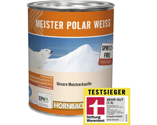 Ein Eimer Meister Polar Weiss Wandfarbe, spritzfrei, scheuerbeständig und ausgezeichnet von Stiftung Warentest als Testsieger.