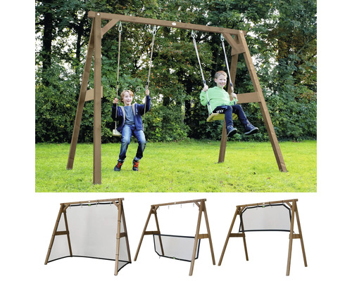 Spielschaukel aus Holz mit zwei Schaukelsitzen und integriertem Fußballtor oder Spielnetz für den Garten.