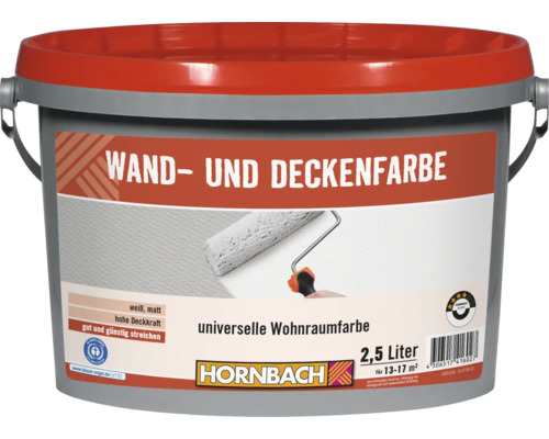 Ein Eimer Hornbach Wand und Deckenfarbe mit 2,5 Liter Inhalt für den Innenbereich, matt weiß.