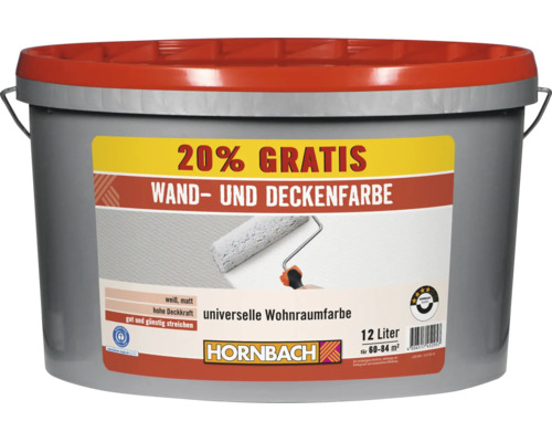 Eimer Wand- und Deckenfarbe mit 12 Liter Inhalt von Hornbach mit 20 Prozent gratis Inhaltsmenge für 60 bis 84 Quadratmeter Reichweite.