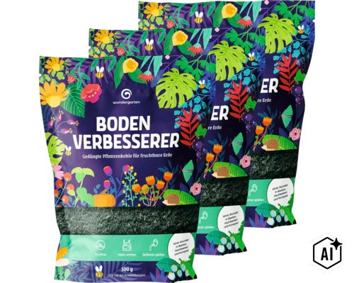 Drei Packungen Wundergarten Bodenverbesserer mit gedüngter Pflanzenkohle in der 500 Gramm Packung für fruchtbare Erde. (Image AI modified or generated)
