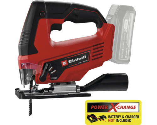 Einhell Akku Stichsäge mit eingesetztem Akku und Power X Change Logo Hinweis dass Akku und Ladegerät nicht enthalten sind
