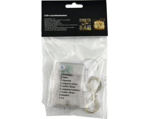 LED Lichterkette mit 2 Meter Laenge, batteriebetrieben und fuer Innen- sowie Aussenbereich geeignet, in transparenter Verpackung