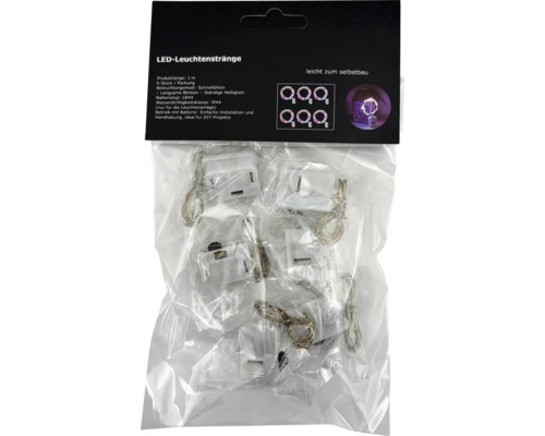 Set mit 6 LED Leuchtensträngen, jeweils 1 Meter lang, batteriebetrieben mit LR44 Batterien, Schutzart IP44, ideal für Bastelprojekte.