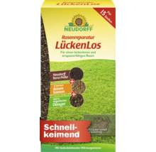Neudorff Rasenreparatur LückenLos für einen strapazierfähigen Rasen mit Terra Preta Rasensamen und organischem Dünger in der Verpackung