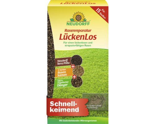 Neudorff Rasenreparatur LückenLos für einen strapazierfähigen Rasen mit Terra Preta Rasensamen und organischem Dünger in der Verpackung
