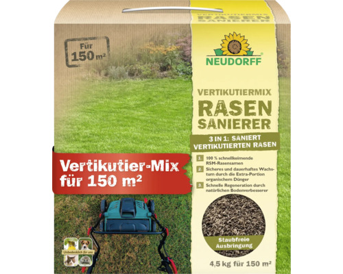 Neudorff Rasensanierer Vertikutiermix 4,5 kg für 150 Quadratmeter mit Rasensamen, Dünger und Bodenverbesserer zur Regeneration nach dem Vertikutieren