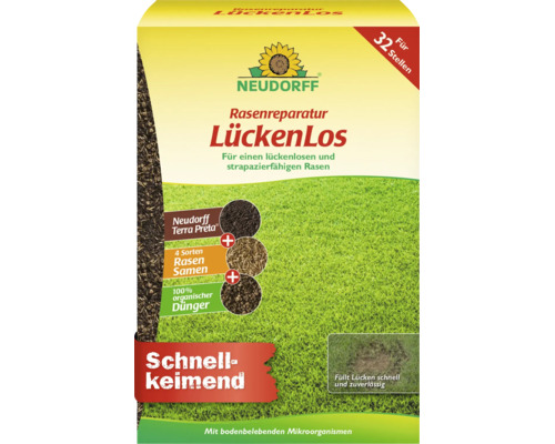 Neudorff Rasenreparatur LueckenLos fuer strapazierfaehigen Rasen mit Terra Preta, Grassamen und Duenger fuer zweiunddreissig Stellen.