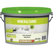 Eimer mit hoch deckender Silikatfarbe für mineralische Untergründe, Inhalt 2,5 Liter, Hornbach Logo.