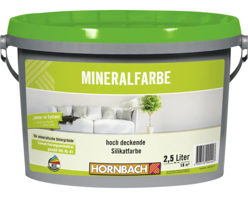 Eimer mit hoch deckender Silikatfarbe für mineralische Untergründe, Inhalt 2,5 Liter, Hornbach Logo.