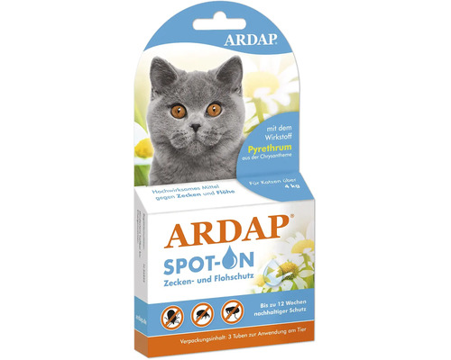 ARDAP Spot on Zeckenschutz und Flohschutz fuer Katzen ab 4 Kilogramm, Packung mit 3 Tuben.