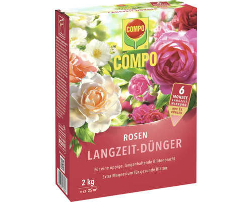 Compo Rosen Langzeitdünger mit sechs Monaten Wirkungsdauer im zwei Kilogramm Karton zur Nährstoffversorgung von Rosen und Blühsträuchern