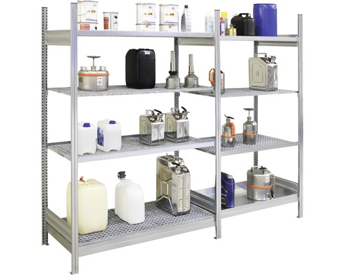 Gefahrstoffregal Cemo 10/5 mit Wannenböden 2000x1060x530 mm Tragkraft 800 kg Regal mit verschiedenen Behältern für Flüssigkeiten und Chemikalien