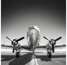 Frontansicht eines Flugzeugs auf einer Landebahn