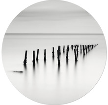 Fotografie einer Reihe von Holzpfählen im Wasser.
