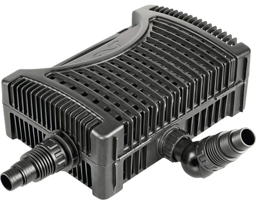 Schwarzer Teichfilter mit Anschlüssen für Gartenteiche
