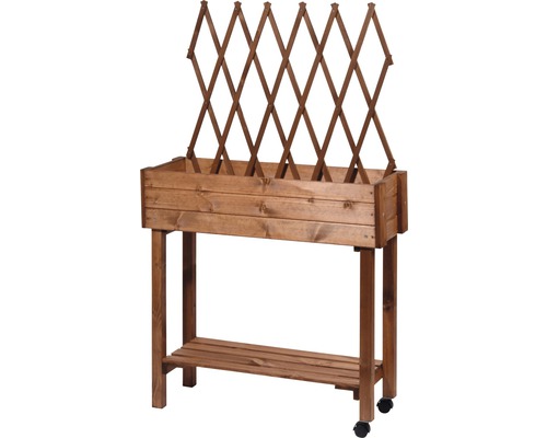 Hochbeet aus Holz mit Rankgitter und Ablagefläche