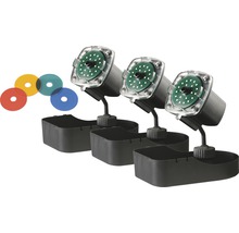 Drei LED-Gartenstrahler mit Farbfiltern
