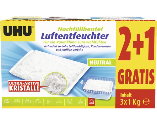 UHU Luftentfeuchter Original NF 2x1000 g + 1 Nachfüller UHU Luftentfeuchter Nachfüllbeutel 3er Packung