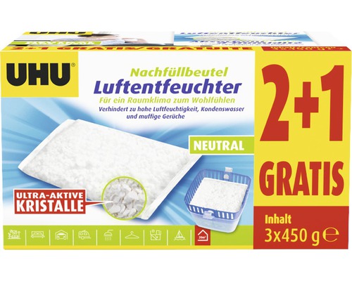 UHU Luftentfeuchter Original NF 2x450 g + 1 Nachfüller UHU Luftentfeuchter Nachfüllbeutel, 3 mal 450 Gramm Packung