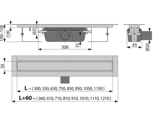 Technische Zeichnung einer Duschrinne mit Maßangaben
