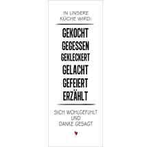 Küchenspruch mit der Aufschrift: In unserer Küche wird gekocht, gegessen, gekleckert, gelacht, gefeiert, erzählt, sich wohlgefühlt und danke gesagt.