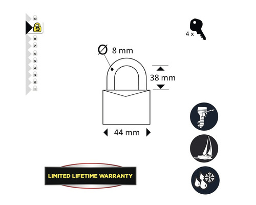 Vorhängeschloss mit den Maßen 44 x 38 mm, Bügelstärke 8 mm und vier Schlüsseln. Sicherheitsstufe 9 von 10. Geeignet für Bootsmotoren und Segelboote. Wasserdicht und frostsicher. Begrenzte lebenslange Garantie.