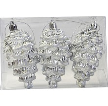 Drei silberne Zapfen-Weihnachtsbaumschmuckstücke in einer Verpackung