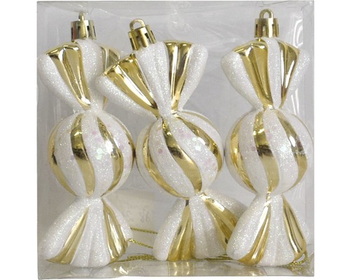 Weihnachtsdeko Bonbon 10 cm 3 Stück Drei weiße und goldfarbene Christbaumkugeln in Bonbonform