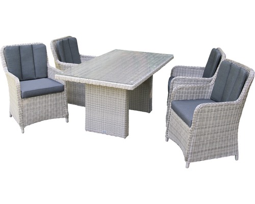 Loungeset Ria Polyrattan 4-Sitzer 5-teilig grau inkl. Polster und Tisch mit 5 mm Glasplatte 160 x 90 x 75 cm