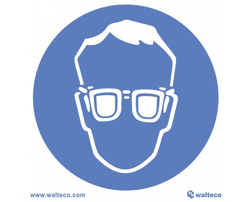 Hinweisschild Walteco "Symbol - Schutzbrille tragen" zum Aufkleben 92x92 mm