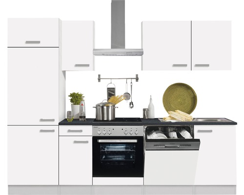 Küchenzeile mit Geschirrspüler, Herd, Dunstabzugshaube und Hängeschränken in einem hellen, modernen Design