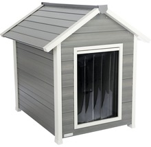 Graue Hundehütte mit Lamellenvorhang