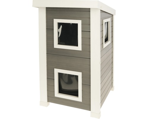 Graues Katzenhaus aus Holz mit zwei Fenstern