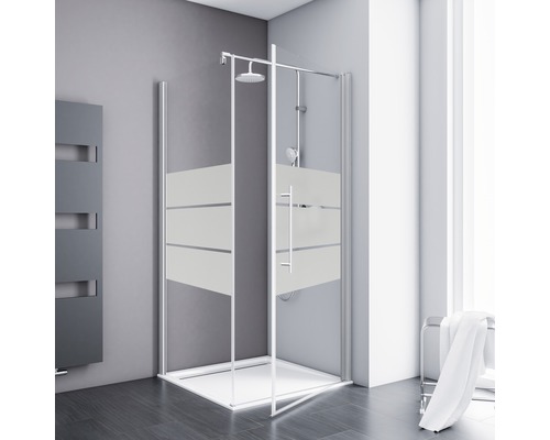 Drehtür mit Seitenwand Schulte ExpressPlus Alexa Style 2.0 800x800x1920 mm Dekorglas Depoli Light aluminium mit schmutzabweisender Glasbeschichtung mit Stangengriff Eckdusche mit horizontalen Streifen in einem Badezimmer